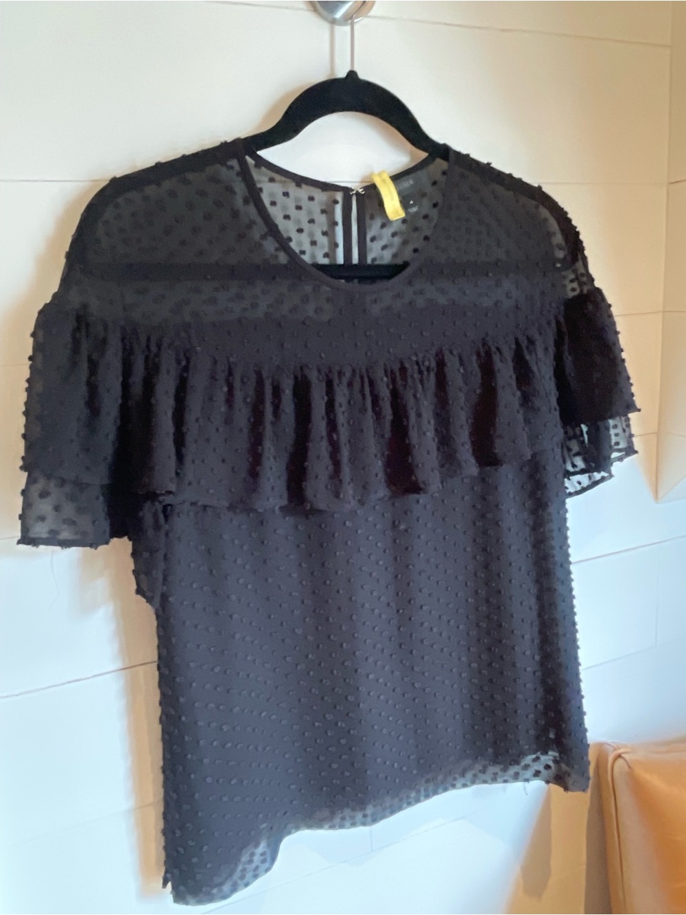 J. Crew Black Swiss Dot Ruffle Yoke Blouse